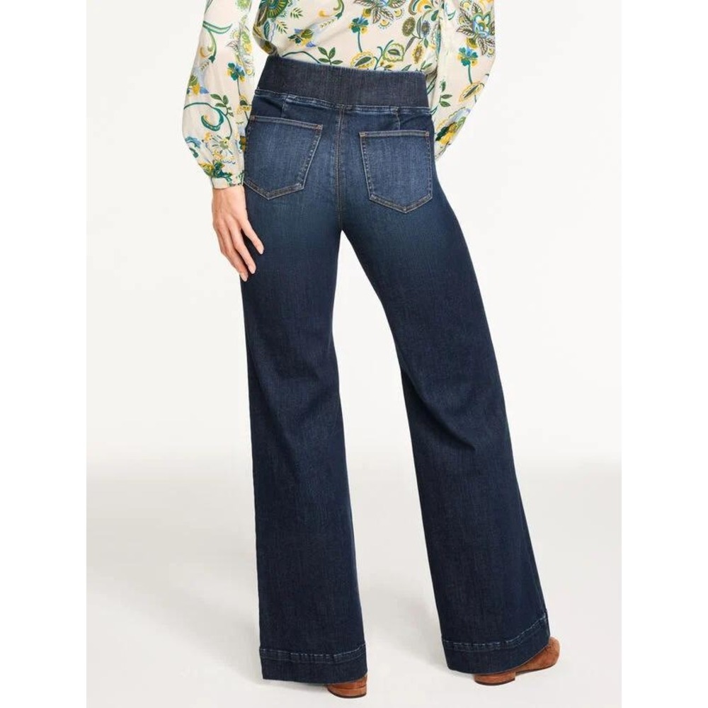Talbots Women S Flare Leg Pull-On Travel Jeans Dark Beekman Wash High Rise Seam - Picture 2 of 8